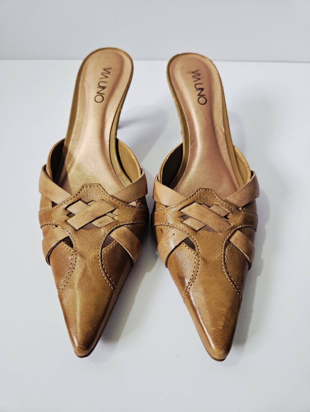 Vintage Via Uno Mule Kitten Heels Size 6 Brown Leather Woven Pointed Toe